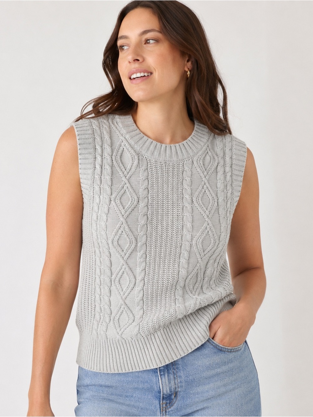 Joie Cable Knit Sweater Vest, Size Large Gray Cotton, Crewneck, Sleeveless